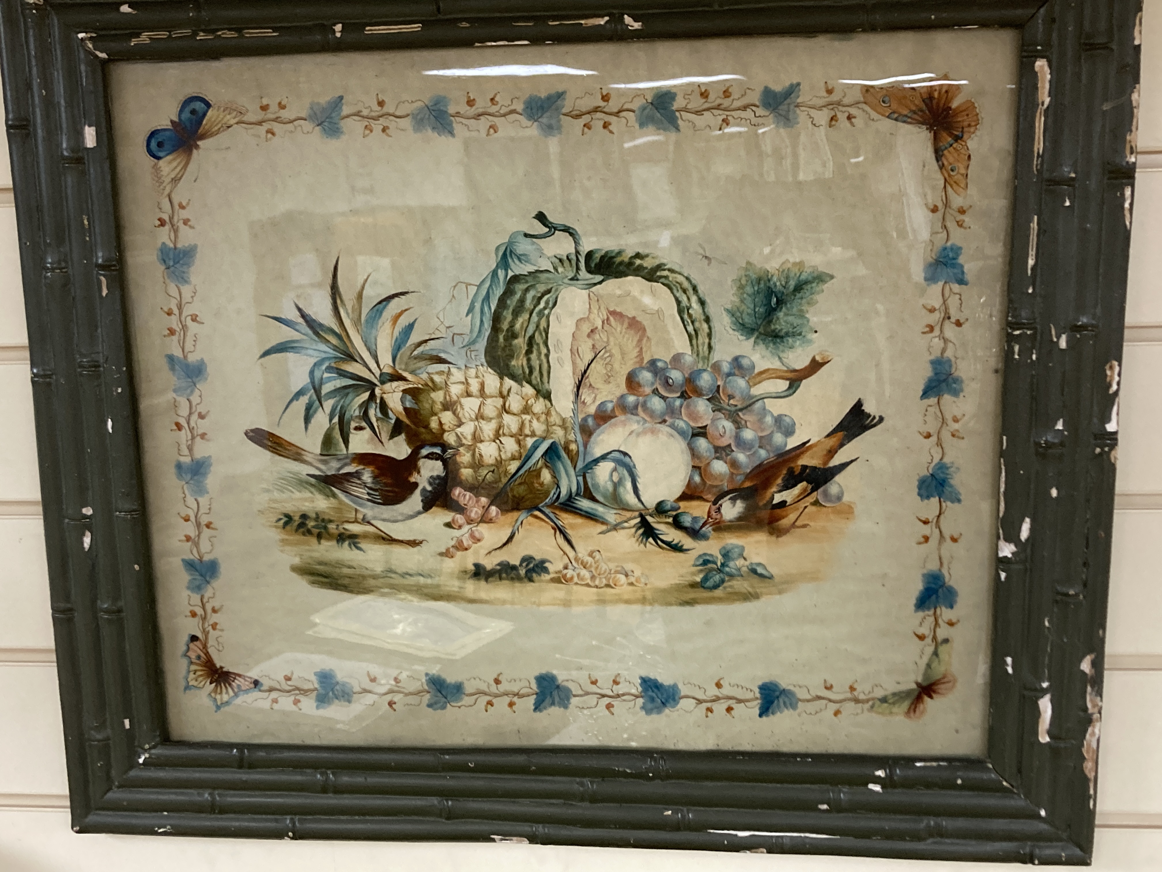 French School circa 1880, A pair of reverse paintings on glass, Still lifes of flowers, birds and fruit, 42 x 52cm